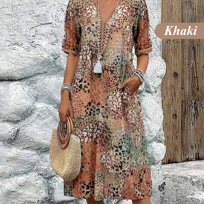 👗🌸 V-nyakú lenvászon+pamut ruha – Élénk nyomtatás, kényelmes szabás, S–3XL-ig! ✨💫
