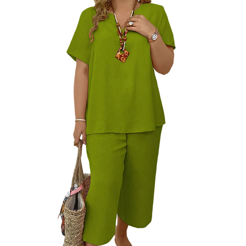 🎁Az utolsó 50 db-📿Ingyenes gyönyörű nyaklánc✨Egyszerű elegáns két darabos öltözet💚Két részes V-nyakú ruha szett – Laza szabás, légáteresztő anyag nagy méretekben！