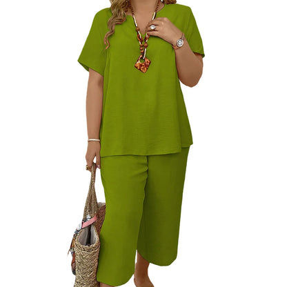 🎁Az utolsó 50 db-📿Ingyenes gyönyörű nyaklánc✨Egyszerű elegáns két darabos öltözet💚Két részes V-nyakú ruha szett – Laza szabás, légáteresztő anyag nagy méretekben！