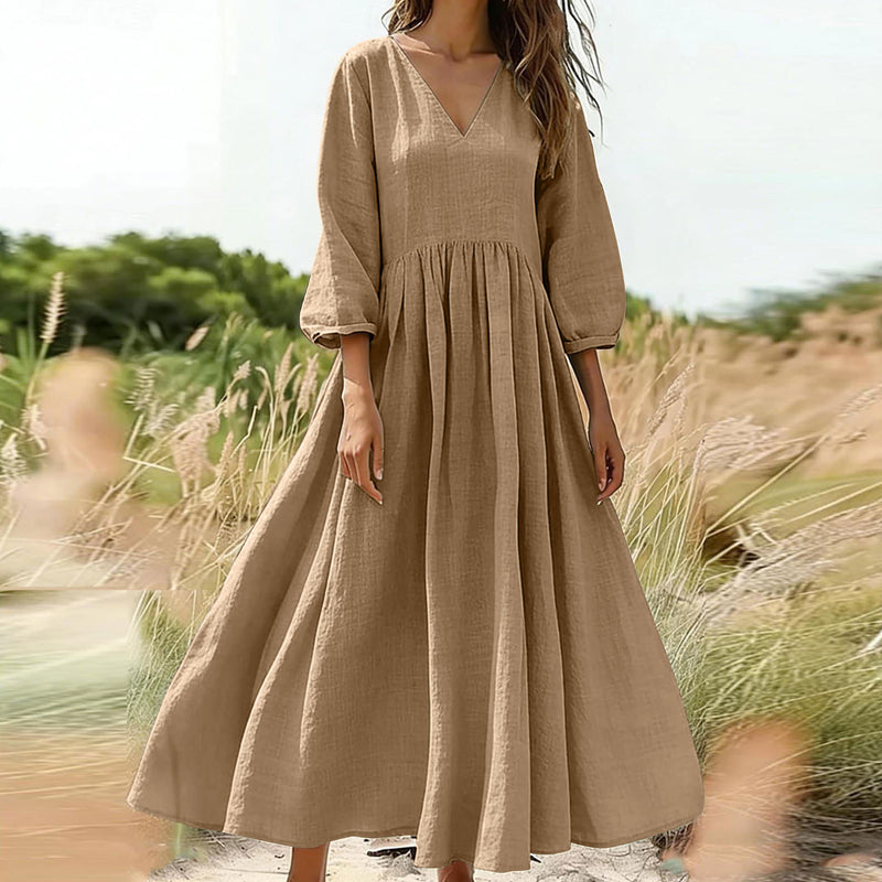 🌸👗 Lenvászon keverék V-nyakú ruha – Laza folyós szabás, puffos ujjakkal, S–2XL-ig! ✨💃