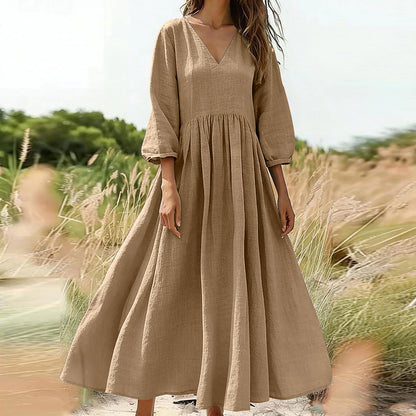 🌸👗 Lenvászon keverék V-nyakú ruha – Laza folyós szabás, puffos ujjakkal, S–2XL-ig! ✨💃