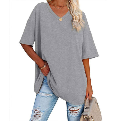 🎁Ingyenes ajándék👕 Laza szabású V-nyakú póló – Puha, könnyű, kényelmes🌸 Divatos, kiszélesedő szegély！