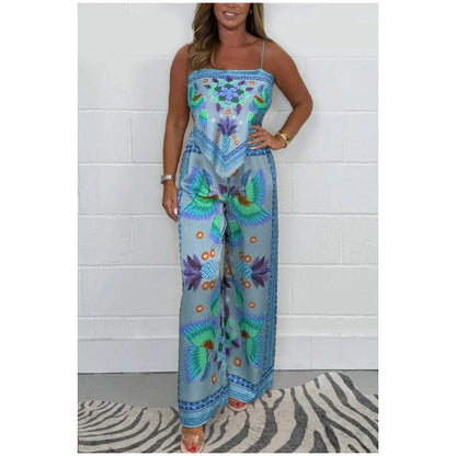 🎁Ingyenes ajándék -📿Gyönyörű nyaklánc💃 Spagetti pántos nyomtatott kétrészes szett🌿 Pamut-spandex női öltöny szett – Ujjatlan felső és hosszú nadrág, kényelmes mindennapi viselet!