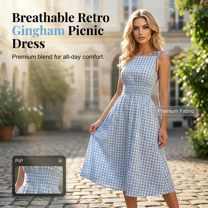 ⏰💥45% árcsökkentés👗 Könnyed vintage gingham nyári ruha🎀 Smockolt felsőrész + állítható kötőpántok 🌬️Prémium légáteresztő anyag！