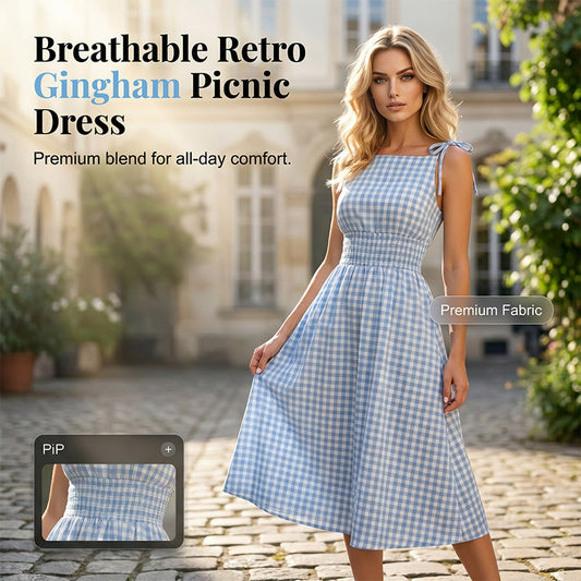 ⏰💥45% árcsökkentés👗 Könnyed vintage gingham nyári ruha🎀 Smockolt felsőrész + állítható kötőpántok 🌬️Prémium légáteresztő anyag！