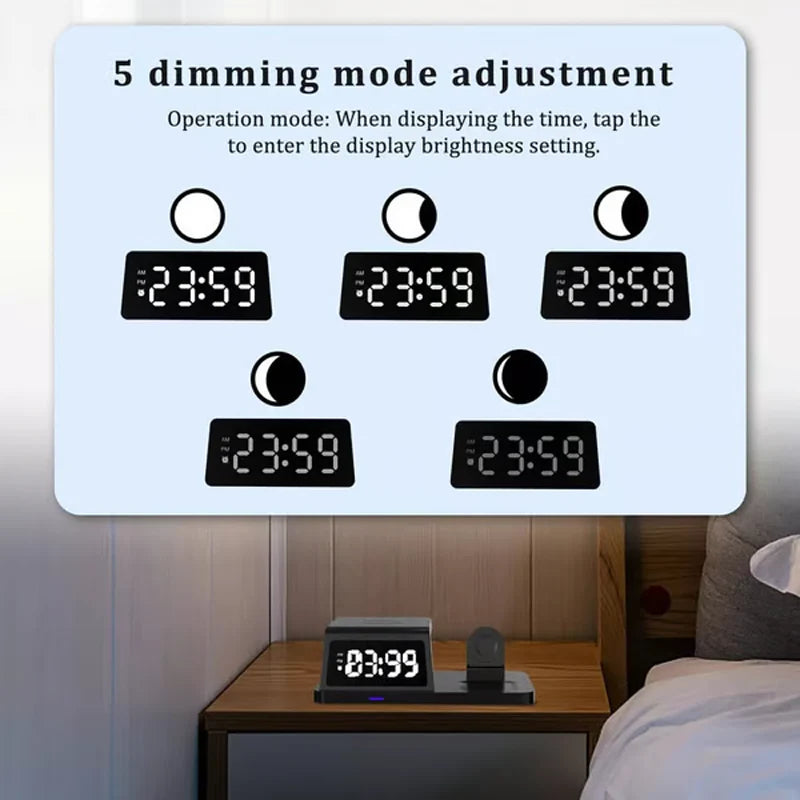 😘Eredeti ár 70% kedvezménnyel⚡4-en-1 Vezeték nélküli Töltő – 15W Gyorstöltés + LED Óra!