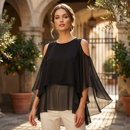👗🌸 Chiffon poncho cold-shoulder felső –  Cold-shoulder kivágás, folyós szabás, S–3XL-ig, 5 színben! ✨💫