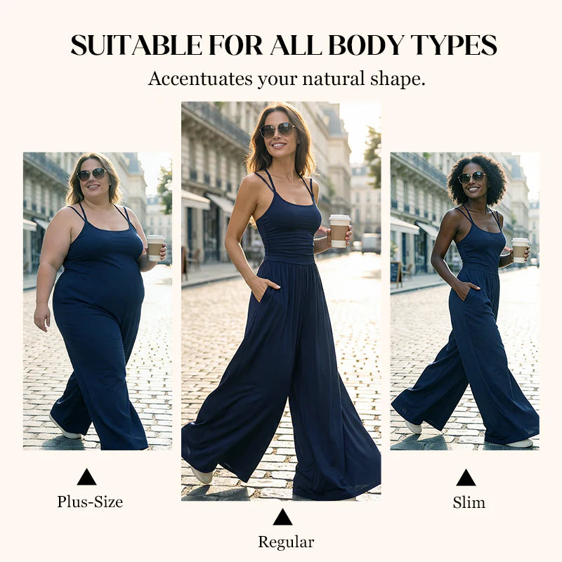 💥50% árcsökkentés 🎁Ingyenes ajándék-📿Gyönyörű nyaklánc🌿 Légáteresztő női együttes✨ Spagetti pántos jumpsuit – Magas derékú, széles szárú és stílusos!