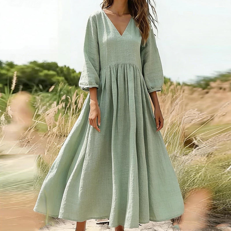 🌸👗 Lenvászon keverék V-nyakú ruha – Laza folyós szabás, puffos ujjakkal, S–2XL-ig! ✨💃