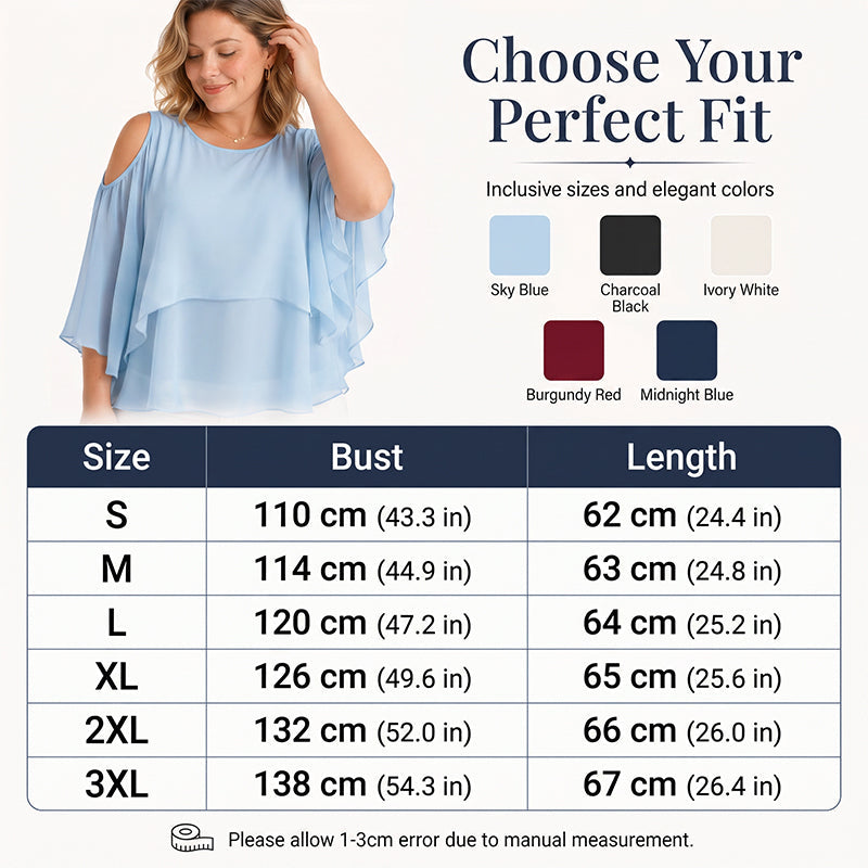 👗🌸 Chiffon poncho cold-shoulder felső –  Cold-shoulder kivágás, folyós szabás, S–3XL-ig, 5 színben! ✨💫