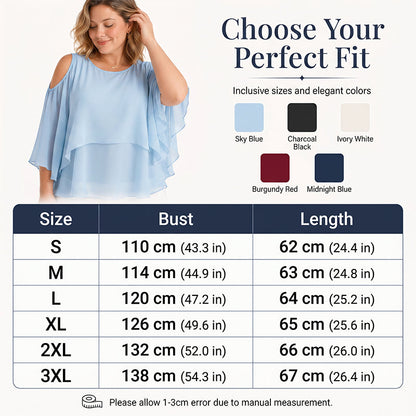 👗🌸 Chiffon poncho cold-shoulder felső –  Cold-shoulder kivágás, folyós szabás, S–3XL-ig, 5 színben! ✨💫