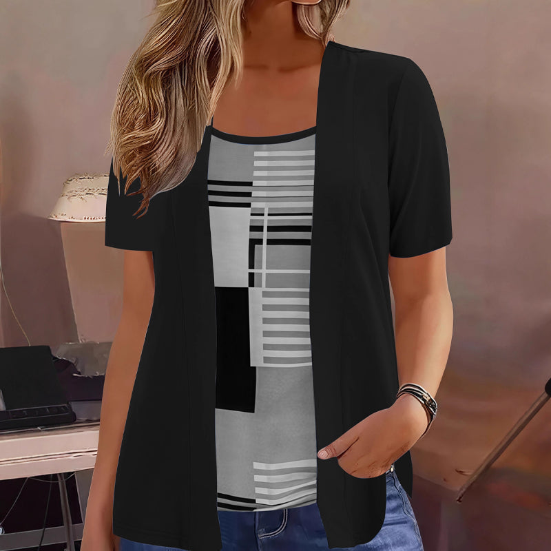 👚✨ Modern geometrikus mintás felső – Laza réteges hatás, selymes tapintás, XL–5XL-ig! 🌟💃