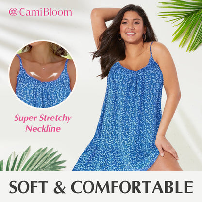 🎁Ingyenes ajándék -📿Gyönyörű nyaklánc🌿 Térdig érő laza camisole ruha🌸 CamiBloom virágmintás spagetti pántos ruha – Jégselyem anyag, állítható pántok, nyári kényelem!