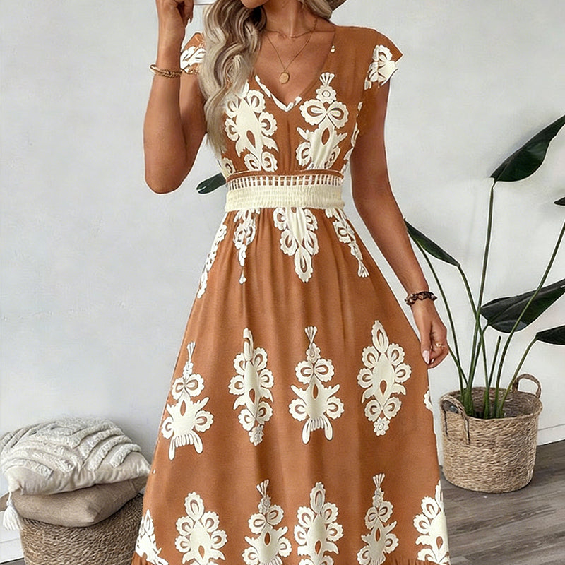 🎁Ingyenes ajándék -📿Gyönyörű nyaklánc🌿 Könnyű lélegző női hosszú ruha✨ V-nyakú barokk mintás maxi ruha – Magas derékkal, karcsúsító hatással minden alkalomra!