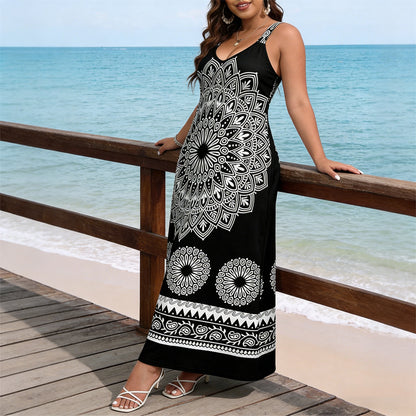 ⏰Az utolsó 50 darab!!!-🎁Ingyenes ajándék -📿Gyönyörű nyaklánc✨ Fekete strandruha estélyi öltözzé válik🖤 Mandala mintás bohém maxi ruha – Állítható cami pánt, kényelmes és nőies!