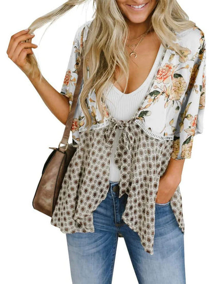 😜50% árcsökkentés 🎁Ingyenes ajándék-📿Gyönyörű nyaklánc🌸 Boho virágmintás sifon kardigán – Könnyű, fodros és sokoldalú nyári stílus!