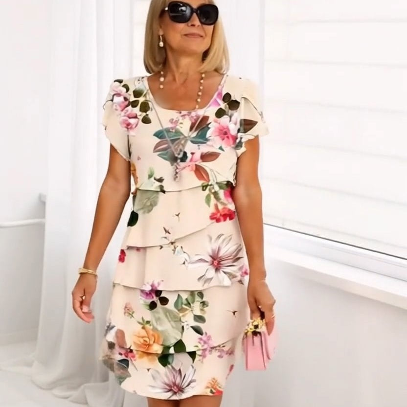 📿Ingyenes rózsa nyaklánc👗🌸 Réteges, magas derekú rövid ujjú ruha – Prémium kevert anyag, lélegző, gyűrődésálló, S–5XL-ig! ✨💃