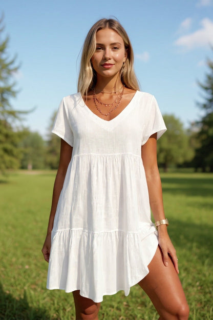 📿Ingyenes nyaklánc👗🌸 V-nyakú réteges ruha – Puha, légáteresztő, laza szabás, 6 színben, S–3XL-ig! ✨💃