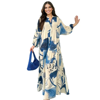 🎁Ingyenes ajándék🌸 Virágmintás maxi ruha✨ V-nyakú rétegelt ruha – Strandról estélyi eseményeken is tökéletes!