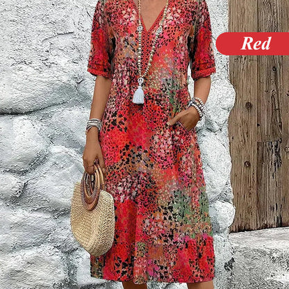 👗🌸 V-nyakú lenvászon+pamut ruha – Élénk nyomtatás, kényelmes szabás, S–3XL-ig! ✨💫