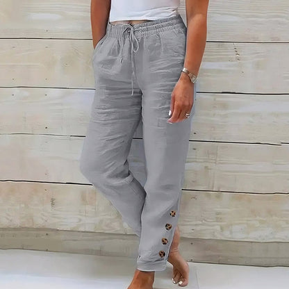 👖 Lélegző női nadrág húzózsinóros derékkal🌿 Stílusos oldalsó gombok + laza szabás!