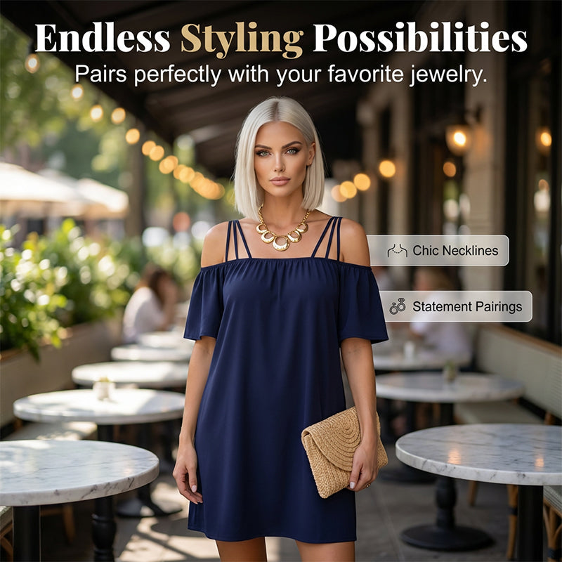 📿🎁Ingyenes ajándék - Gyönyörű nyaklánc💃Elegáns, vállnélküli miniruha👗Karcsúsító körvonalas sziluett, laza lebegő szabás🌬️Prémium anyagkeverék!