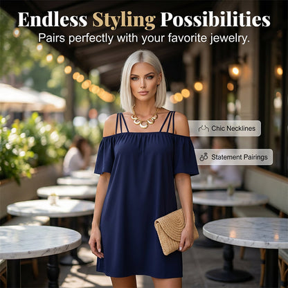 📿🎁Ingyenes ajándék - Gyönyörű nyaklánc💃Elegáns, vállnélküli miniruha👗Karcsúsító körvonalas sziluett, laza lebegő szabás🌬️Prémium anyagkeverék!