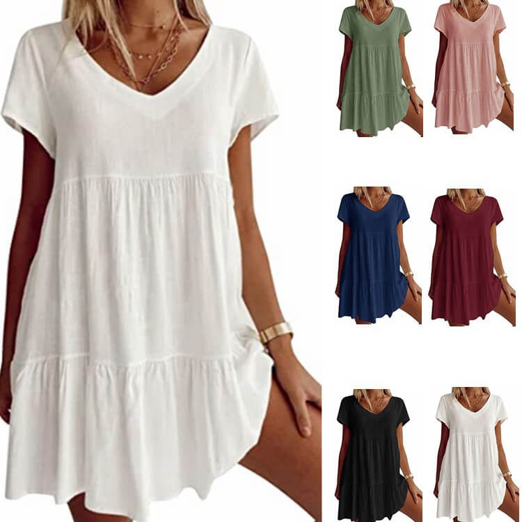 📿Ingyenes nyaklánc👗🌸 V-nyakú réteges ruha – Puha, légáteresztő, laza szabás, 6 színben, S–3XL-ig! ✨💃