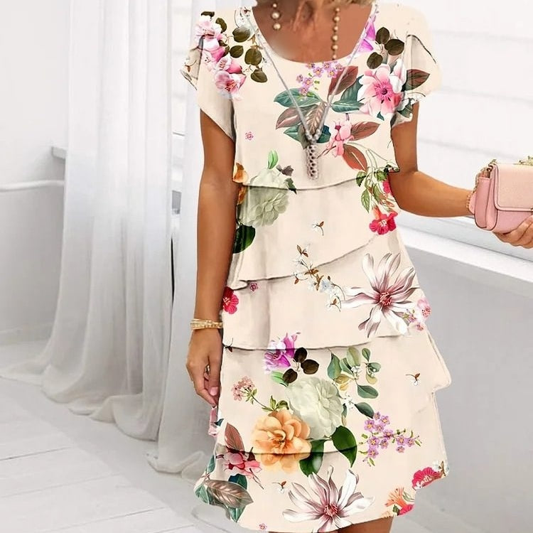 📿Ingyenes rózsa nyaklánc👗🌸 Réteges, magas derekú rövid ujjú ruha – Prémium kevert anyag, lélegző, gyűrődésálló, S–5XL-ig! ✨💃