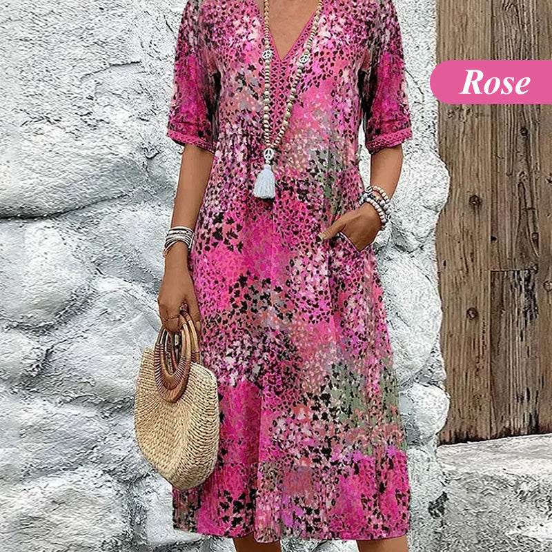 👗🌸 V-nyakú lenvászon+pamut ruha – Élénk nyomtatás, kényelmes szabás, S–3XL-ig! ✨💫