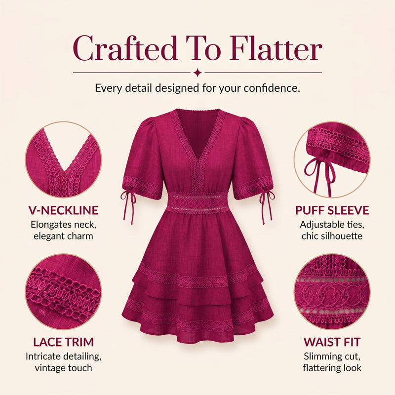 📿Ingyenes gyönyörű nyaklánc👗🌸 Elegáns V-nyakú vintage ruha nőknek👑Csipke, bő ujj, karcsúsító derék！