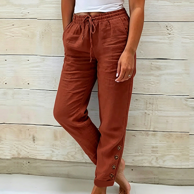👖 Lélegző női nadrág húzózsinóros derékkal🌿 Stílusos oldalsó gombok + laza szabás!