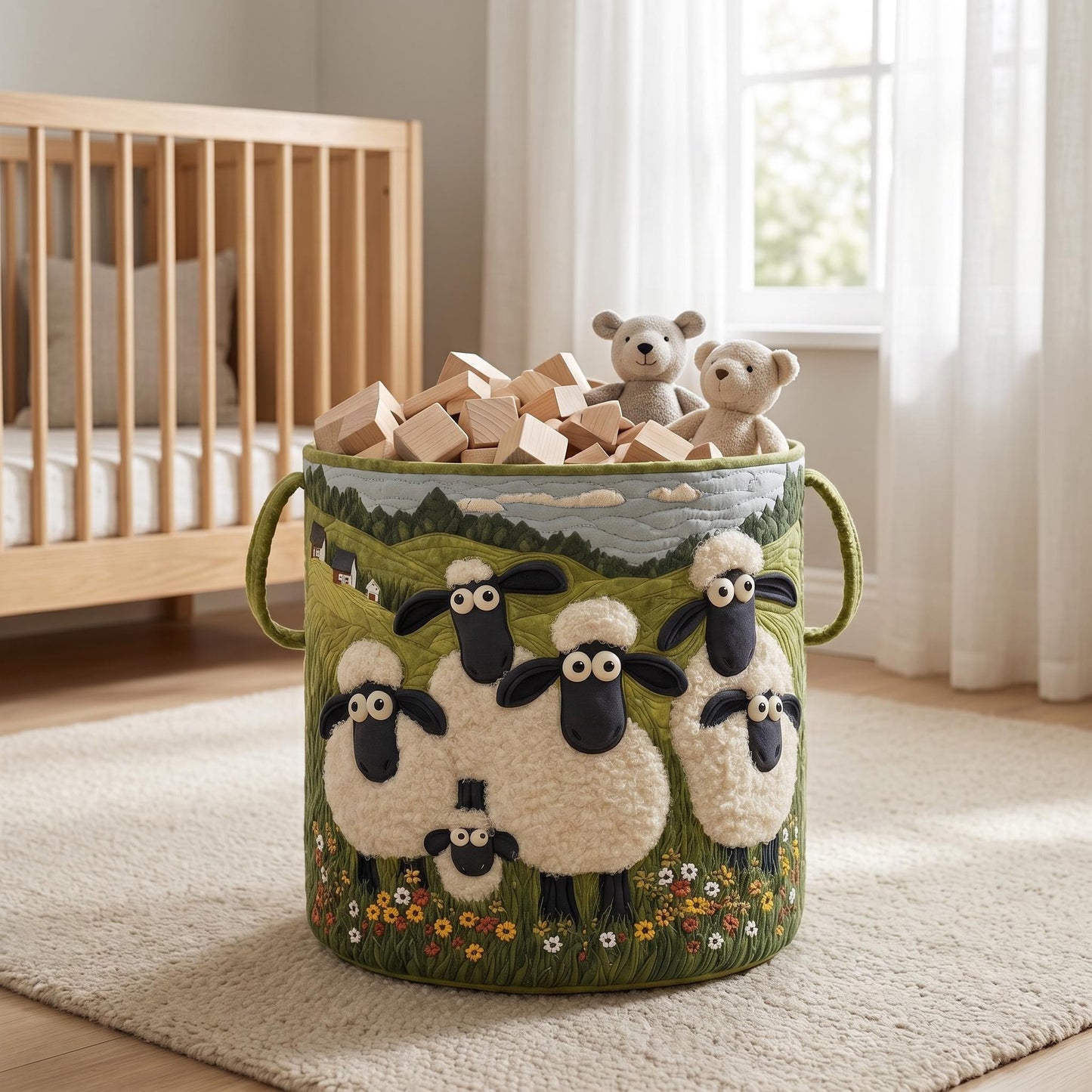 🧺 100%-ban kézzel készített, steppelt kosár – 3D-s birkás kert témájú design – Extra nagy kapacitás, összecsukható – Rusztikus, cottagecore stílusba tökéletes🐑