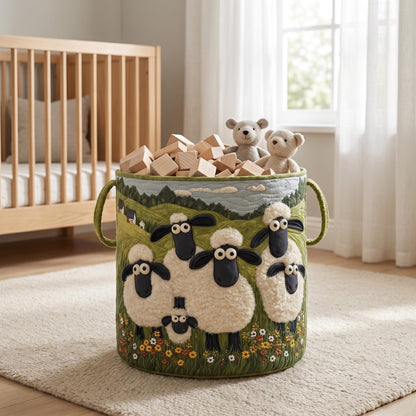 🧺 100%-ban kézzel készített, steppelt kosár – 3D-s birkás kert témájú design – Extra nagy kapacitás, összecsukható – Rusztikus, cottagecore stílusba tökéletes🐑