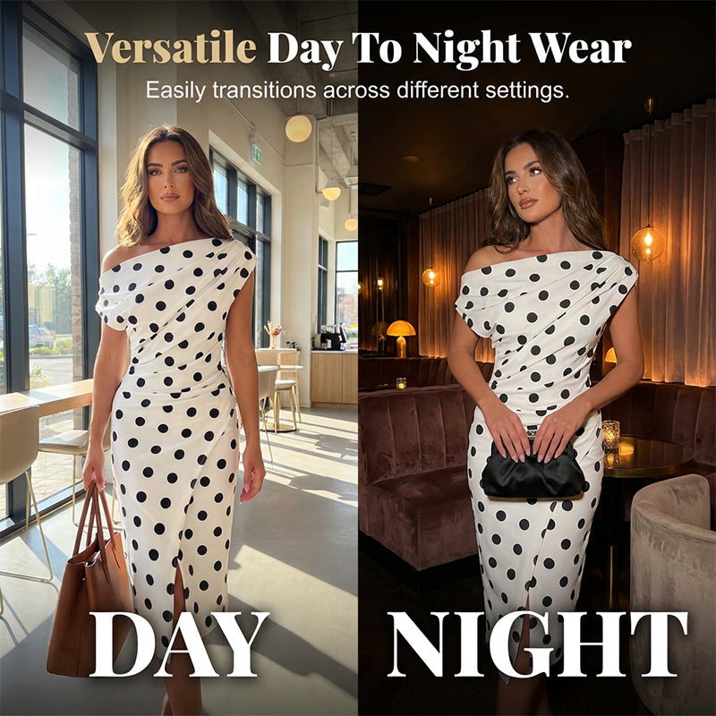 👗🌸 Aszimmetrikus nyakkivágású polka-dot midi ruha – Elegáns hasítékkal, alakkövető szabással, S–2XL-ig! ✨💫