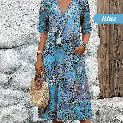 👗🌸 V-nyakú lenvászon+pamut ruha – Élénk nyomtatás, kényelmes szabás, S–3XL-ig! ✨💫