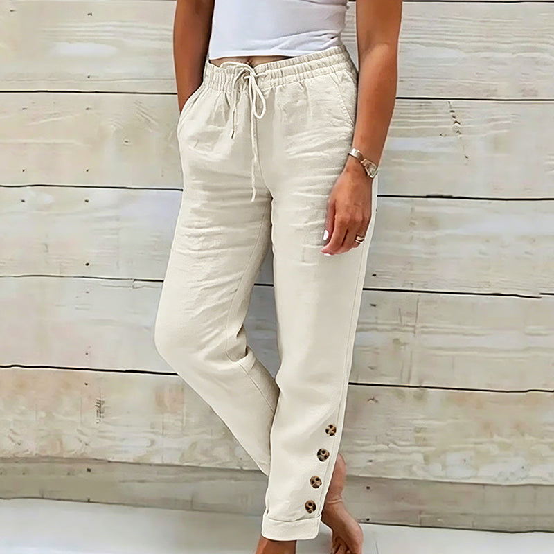 👖 Lélegző női nadrág húzózsinóros derékkal🌿 Stílusos oldalsó gombok + laza szabás!