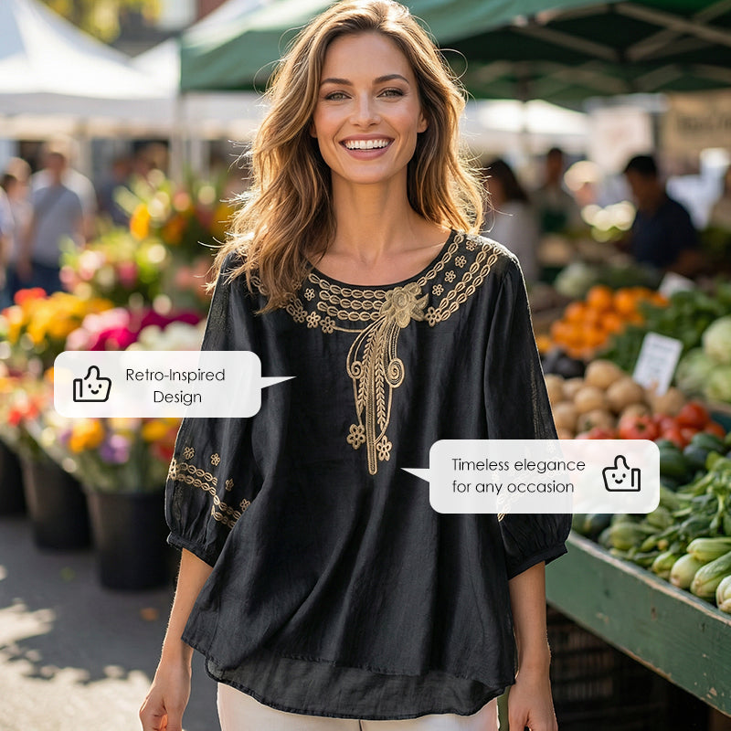 📿Ingyenes gyönyörű nyaklánc🌸 Gyönyörű hímzés és kivágások – Elegáns környakkivágás, laza lengő szabás – 👚Lélegző pamut-len keverék!