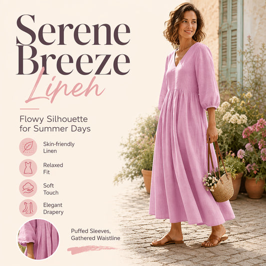 🌸👗 Lenvászon keverék V-nyakú ruha – Laza folyós szabás, puffos ujjakkal, S–2XL-ig! ✨💃