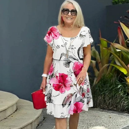 📿Ingyenes rózsa nyaklánc👗🌸 Réteges, magas derekú rövid ujjú ruha – Prémium kevert anyag, lélegző, gyűrődésálló, S–5XL-ig! ✨💃