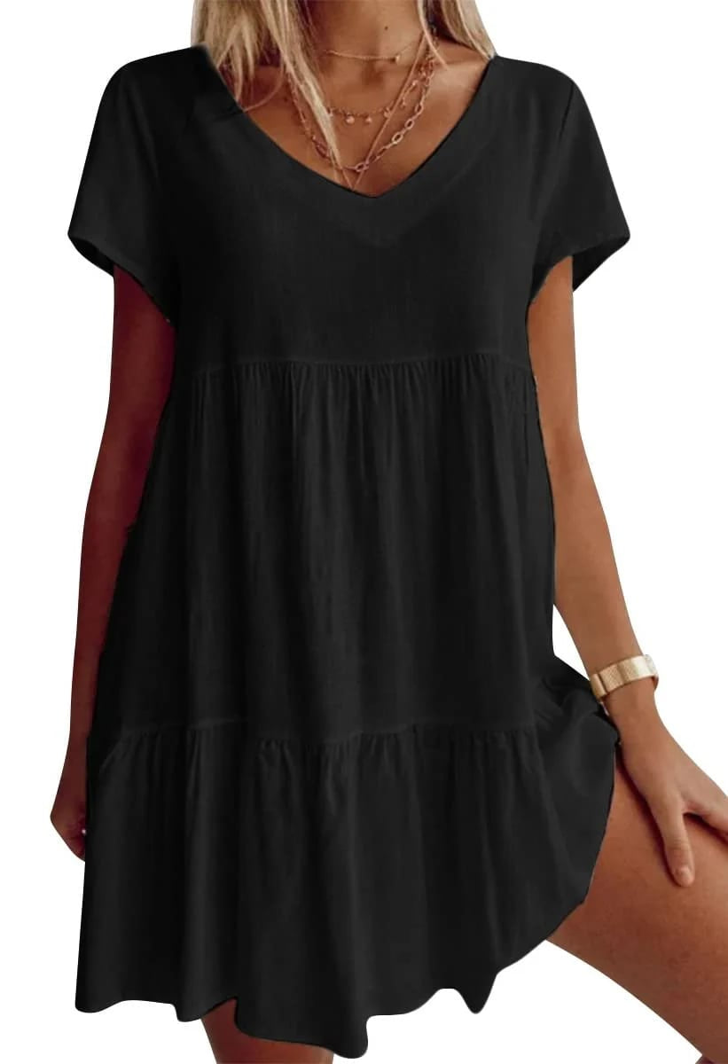 📿Ingyenes nyaklánc👗🌸 V-nyakú réteges ruha – Puha, légáteresztő, laza szabás, 6 színben, S–3XL-ig! ✨💃