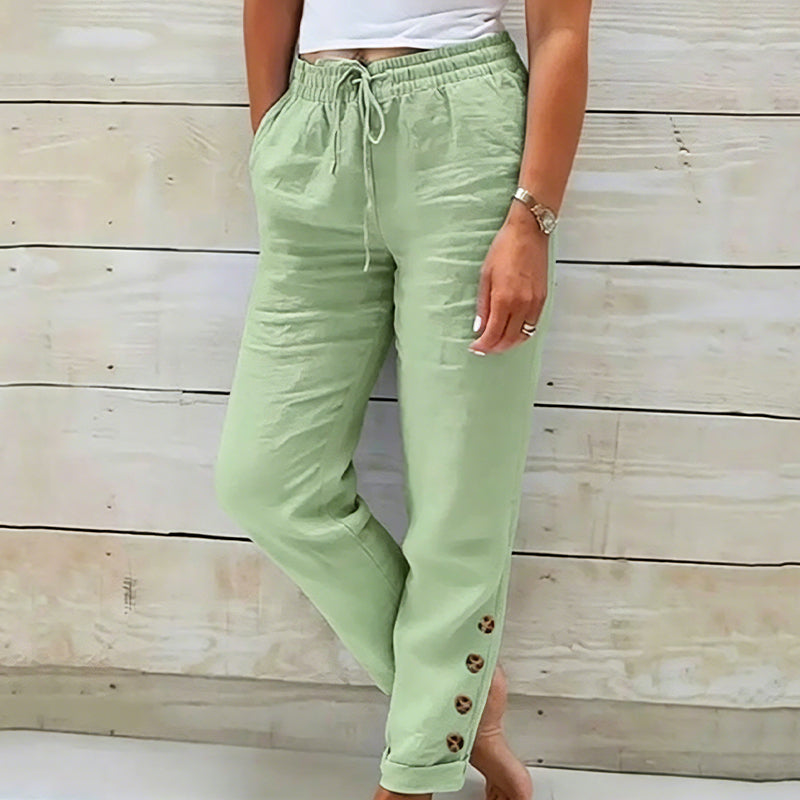 👖 Lélegző női nadrág húzózsinóros derékkal🌿 Stílusos oldalsó gombok + laza szabás!