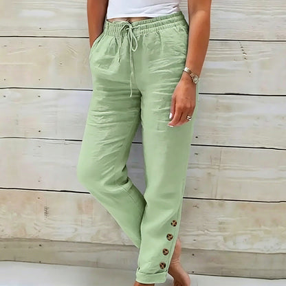 👖 Lélegző női nadrág húzózsinóros derékkal🌿 Stílusos oldalsó gombok + laza szabás!