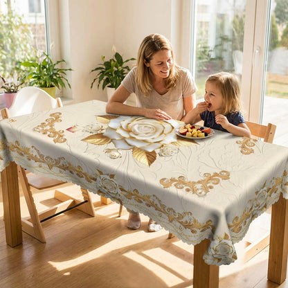 🌿💃 Luxus rózsaszín-arany mintás asztalterítő – Vízzáró, kopásálló poliészter, 4 méretben! 🛍️🌟