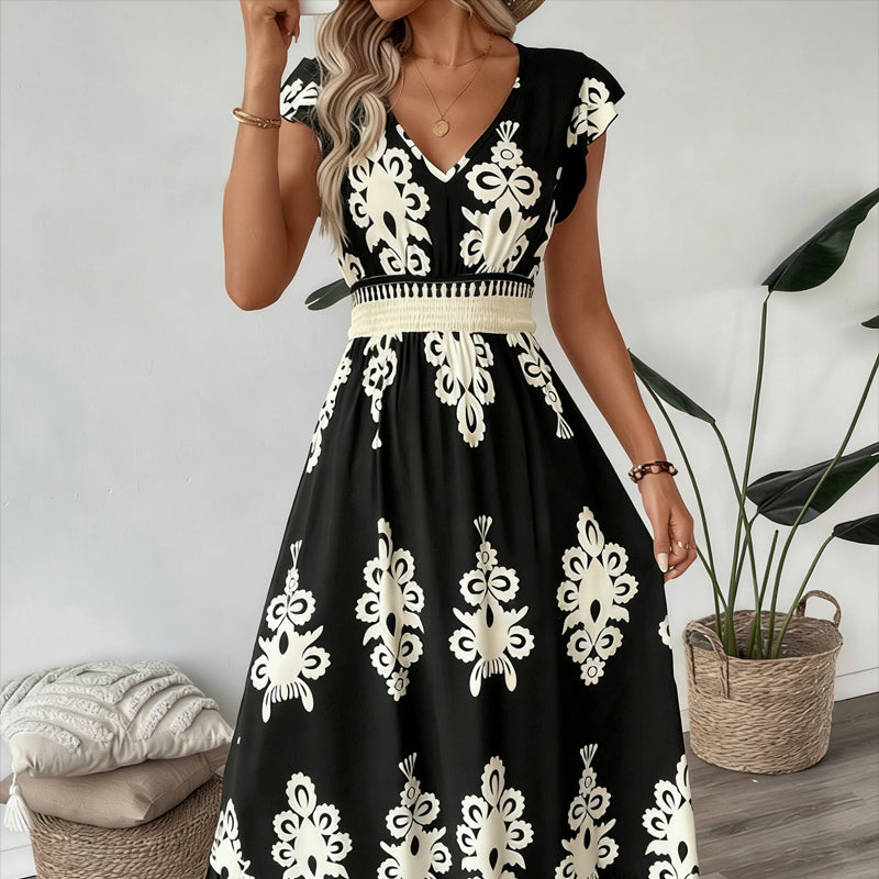 🎁Ingyenes ajándék -📿Gyönyörű nyaklánc🌿 Könnyű lélegző női hosszú ruha✨ V-nyakú barokk mintás maxi ruha – Magas derékkal, karcsúsító hatással minden alkalomra!