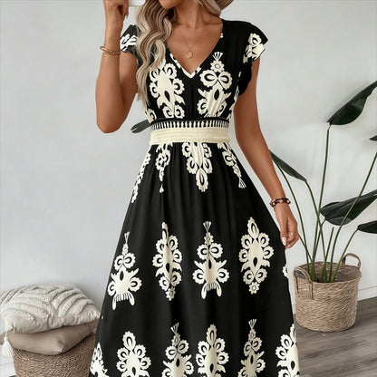 🎁Ingyenes ajándék -📿Gyönyörű nyaklánc🌿 Könnyű lélegző női hosszú ruha✨ V-nyakú barokk mintás maxi ruha – Magas derékkal, karcsúsító hatással minden alkalomra!
