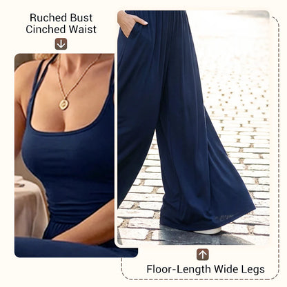 💥50% árcsökkentés 🎁Ingyenes ajándék-📿Gyönyörű nyaklánc🌿 Légáteresztő női együttes✨ Spagetti pántos jumpsuit – Magas derékú, széles szárú és stílusos!