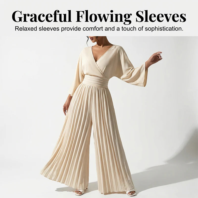 📿Gyönyörű nyaklánc✨ V-kivágású plisszós jumpsuit🍑 Barack színű női együttes – Kecses sziluett és lágy, mozgékony szabás!