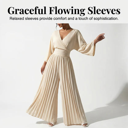 📿Gyönyörű nyaklánc✨ V-kivágású plisszós jumpsuit🍑 Barack színű női együttes – Kecses sziluett és lágy, mozgékony szabás!