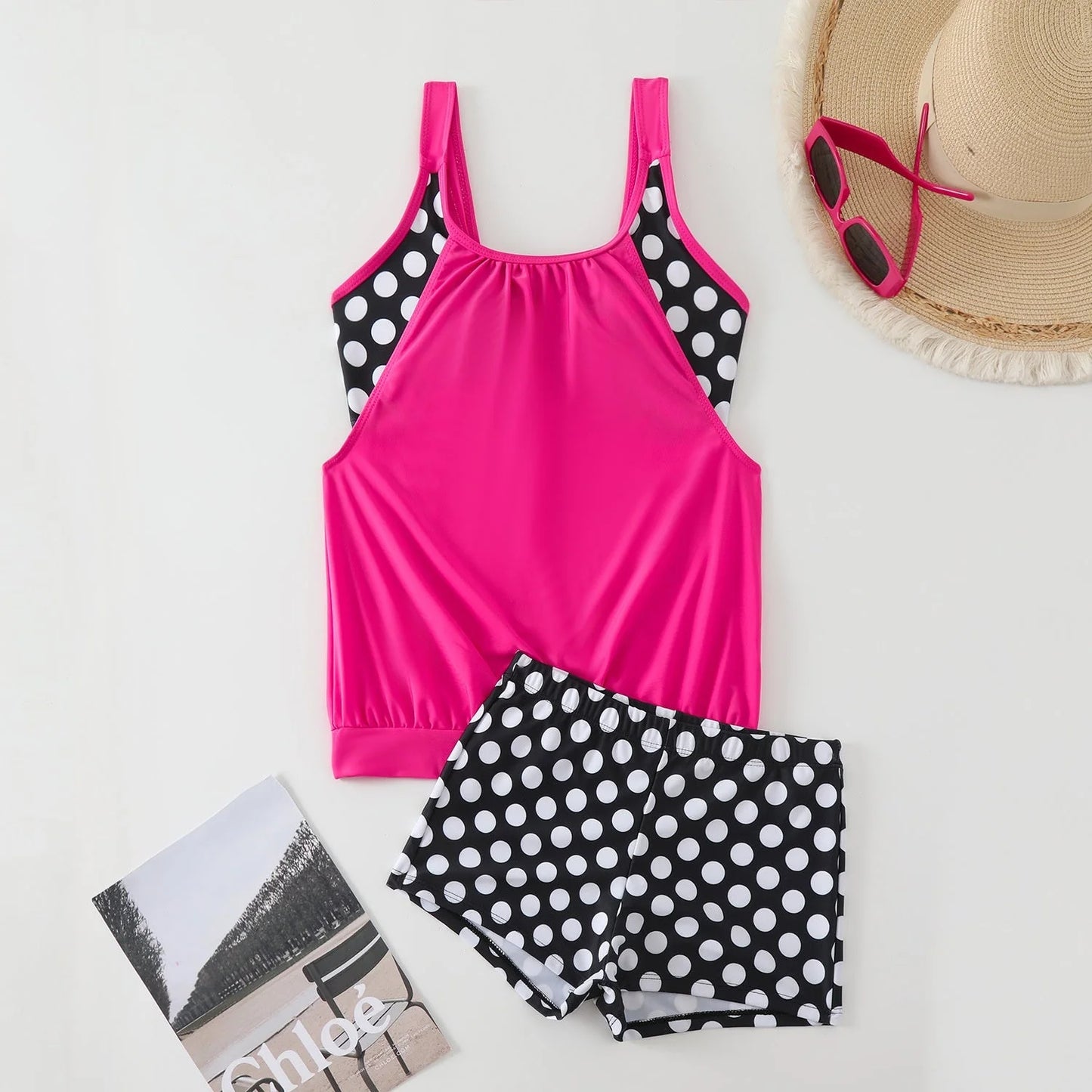 🥇👍Kiváló minőség, sok pozitív értékelés👙🌸 Pöttyös color-block kétrészes fürdőruha – Vidám stílus, finom ráncok, M–3XL-ig! 🌊✨